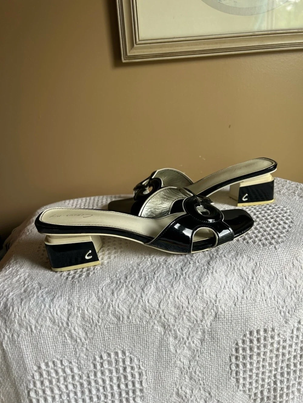 Black Patent Slide Mules with Ivory Accent Heel - Picture 5 of 11